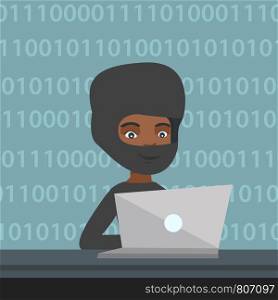 Computer hacker in black mask working on a laptop on the background of binary code. Hacker using a laptop to steal data and personal identity information. Vector cartoon illustration. Square layout.. Hacker using a laptop to steal information.
