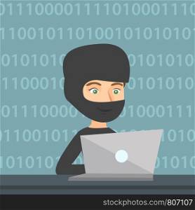 Computer hacker in black mask working on a laptop on the background of binary code. Hacker using a laptop to steal data and personal identity information. Vector cartoon illustration. Square layout.. Hacker using a laptop to steal information.