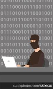 Computer hacker in mask working on a laptop on the background of binary code. Young hacker using a laptop to steal data and personal identity information. Vector cartoon illustration. Vertical layout.. Hacker using laptop to steal information.