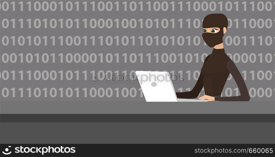 Computer hacker in mask working on a laptop on the background of binary code. Hacker using a laptop to steal data and personal identity information. Vector cartoon illustration. Horizontal layout.. Hacker using laptop to steal information.