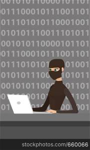 Computer hacker in mask working on a laptop on the background of binary code. Young hacker using a laptop to steal data and personal identity information. Vector cartoon illustration. Vertical layout.. Hacker using laptop to steal information.