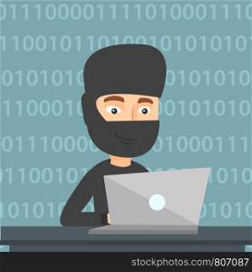 Computer hacker in mask working on a laptop on the background of binary code. Hacker using laptop to steal data and personal identity information. Vector flat design illustration. Square layout.. Hacker using laptop to steal information.