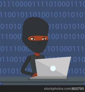 Computer hacker in mask working on a laptop on the background with binary code. Hacker using laptop to steal data and personal identity information. Vector flat design illustration. Square layout.. Hacker using laptop to steal information.