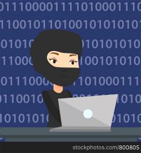 Computer hacker in mask working on a laptop on the background with binary code. Hacker using laptop to steal data and personal identity information. Vector flat design illustration. Square layout.. Hacker using laptop to steal information.