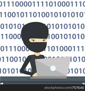 Computer hacker in mask working on laptop on the background with binary code. Hacker using laptop to steal personal identity information. Vector flat design illustration isolated on white background.. Hacker using laptop to steal information.