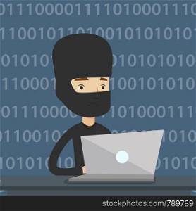 Computer hacker in mask working on laptop on the background with binary code. Hacker using laptop to steal data and personal identity information. Vector flat design illustration. Square layout.. Hacker using laptop to steal information.