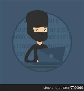 Computer hacker in mask working on laptop on the background with binary code. Hacker using laptop to steal personal information. Vector flat design illustration in the circle isolated on background.. Hacker using laptop to steal information.