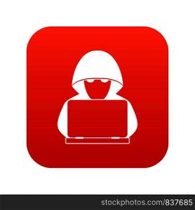 Computer hacker with laptop icon digital red for any design isolated on white vector illustration. Computer hacker with laptop icon digital red