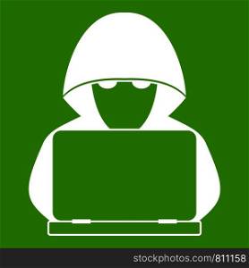 Computer hacker with laptop icon white isolated on green background. Vector illustration. Computer hacker with laptop icon green