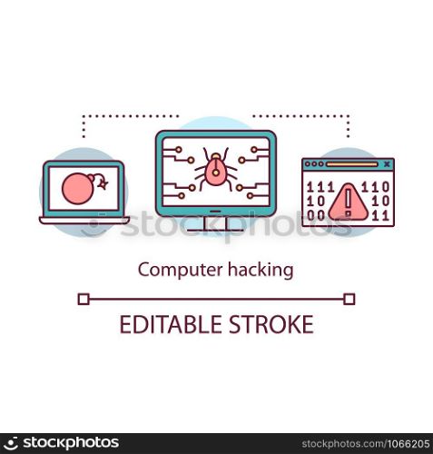 Computer hacking concept icon. Cyber attack idea thin line illustration. Stealing personal info. Internet crime, fraud. Bugs and virus. Vector isolated outline drawing. Editable stroke