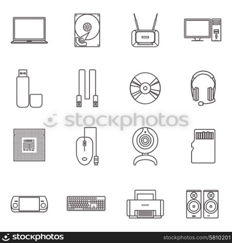 Computer Hardware And Accessories Icon Set. PC and computer gadgets with accessories and hardware flat grey outline icon set isolated vector illustration