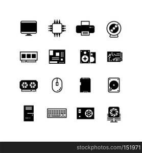 Computer hardware, hdd memory, ram, microchip, cpu vector icons. Component hardware computer, device microchip and hdd memory disk for computer illustration. Computer hardware, hdd memory, ram, microchip, cpu vector icons