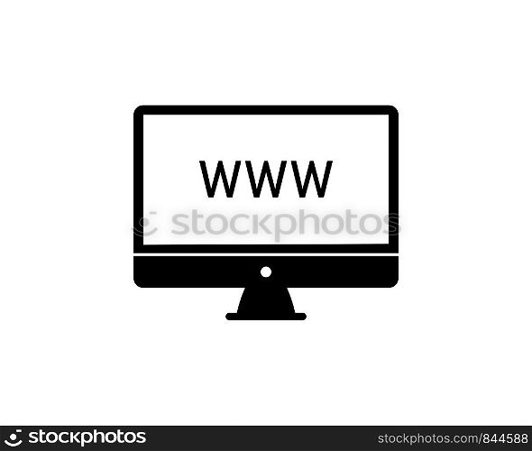 Computer icon in flat style black desktop isolated on white background with world wide web sign. EPS 10. Computer icon in flat style black desktop isolated on white background with world wide web sign.