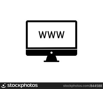 Computer icon in flat style black desktop isolated on white background with world wide web sign. EPS 10. Computer icon in flat style black desktop isolated on white background with world wide web sign.