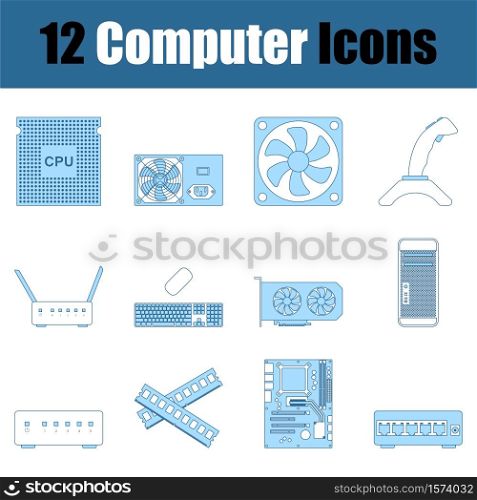 Computer Icon Set. Thin Line With Blue Fill Design. Vector Illustration.
