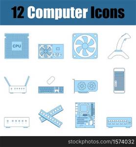 Computer Icon Set. Thin Line With Blue Fill Design. Vector Illustration.