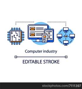 Computer industry concept icon. Information technology. Development and service of PC, smartphones, tablets, networks idea thin line illustration. Vector isolated outline drawing. Editable stroke