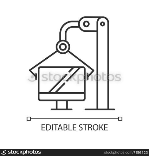 Computer industry linear icon. Information technology. Digital sector. Production process on monitor factory. Thin line illustration. Contour symbol. Vector isolated outline drawing. Editable stroke
