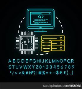 Computer industry neon light concept icon. Hardware, software development. Data server, CPU. Information technology idea. Glowing sign with alphabet, numbers and symbols. Vector isolated illustration