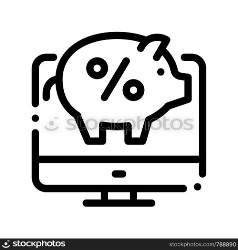 Computer Internet Deposit Vector Thin Line Icon. Online Transactions, Secure Financial Internet Banking Payment Operation Linear Pictogram. Moneybox Percent Pig Contour Illustration. Computer Internet Deposit Vector Thin Line Icon