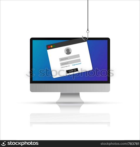 Computer internet security concept. Internet phishing, hacked login and password. Vector stock illustration.
