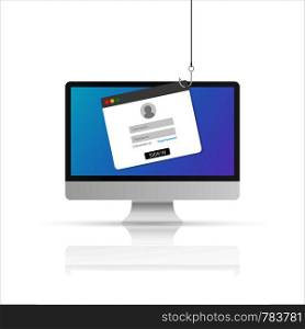 Computer internet security concept. Internet phishing, hacked login and password. Vector stock illustration.