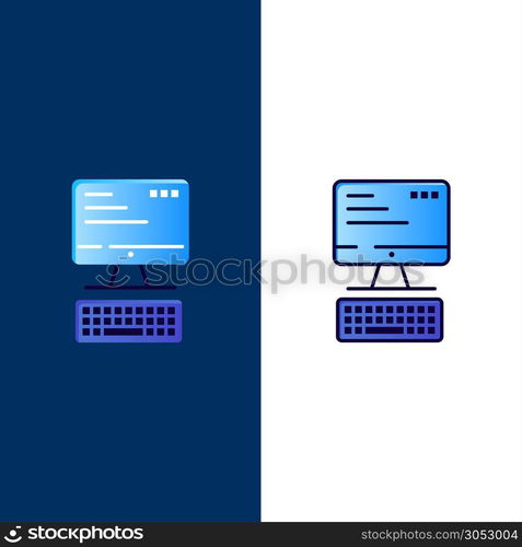 Computer, Keyboard, Monitor, Computing Icons. Flat and Line Filled Icon Set Vector Blue Background