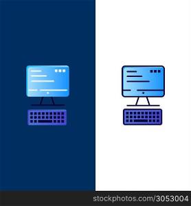 Computer, Keyboard, Monitor, Computing Icons. Flat and Line Filled Icon Set Vector Blue Background