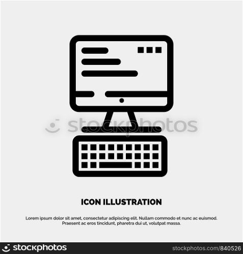 Computer, Keyboard, Monitor, Computing Vector Line Icon