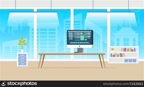 Computer Laboratory. Artificial Intelligence Science Software Programming and Development. Workspace with Table, Modern Electronics, Lamp and Cityscape Panorama. Flat Illustration.. Computer Laboratory Panorama. Flat Illustration.