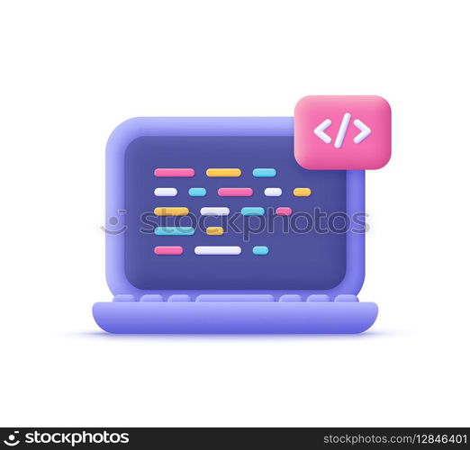 Computer laptop and program code development, coding screen. IT technologies, website programming, project data programming, software engineering concept. 3d vector icon. Cartoon minimal style.