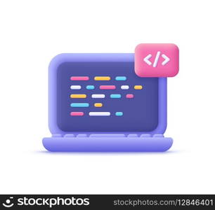 Computer laptop and program code development, coding screen. IT technologies, website programming, project data programming, software engineering concept. 3d vector icon. Cartoon minimal style.