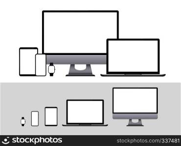 Computer, laptop, tablet, smartphone and smart watch device with blank white screen. Devices mockup for responsive web design and presentation isolated vector set. Computer, laptop, tablet, smartphone and smart watch device with blank white screen. Devices mockup for presentation isolated vector set