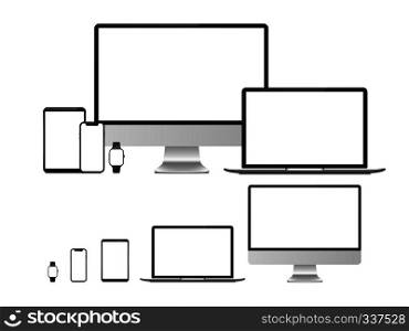 Computer, laptop, tablet, smartphone and smart watch device with blank white screen. Devices mockup for responsive web design and presentation isolated vector set. Computer, laptop, tablet, smartphone and smart watch device with blank white screen. Devices mockup for presentation isolated vector set