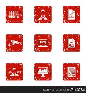 Computer library icons set. Grunge set of 9 computer library vector icons for web isolated on white background. Computer library icons set, grunge style