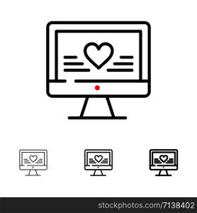 Computer, Love, Heart, Wedding Bold and thin black line icon set