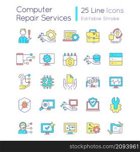 Computer maintenance RGB color icons set. Breakdowns repair. Hardware and software. Isolated vector illustrations. Simple filled line drawings collection. Editable stroke. Quicksand-Light font used. Computer maintenance RGB color icons set