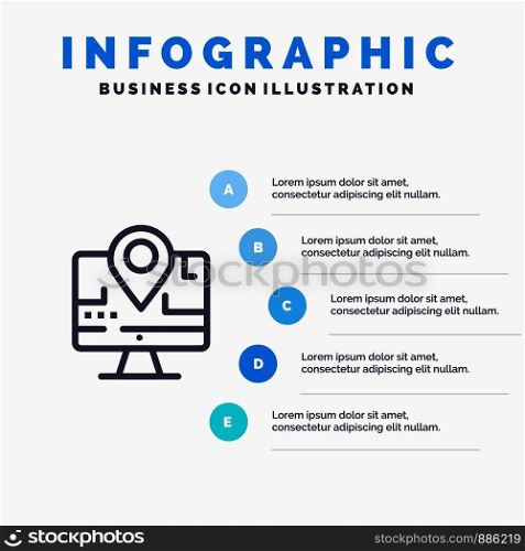 Computer, Map, Location, Education Blue Infographics Template 5 Steps. Vector Line Icon template