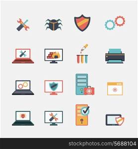 Computer mobile tablet repair virus removal and battery replacement services flat icons set abstract isolated vector illustration