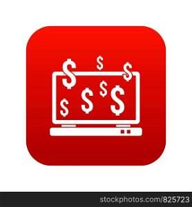 Computer monitor and dollar signs icon digital red for any design isolated on white vector illustration. Computer monitor and dollar signs icon digital red