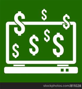 Computer monitor and dollar signs icon white isolated on green background. Vector illustration. Computer monitor and dollar signs icon green