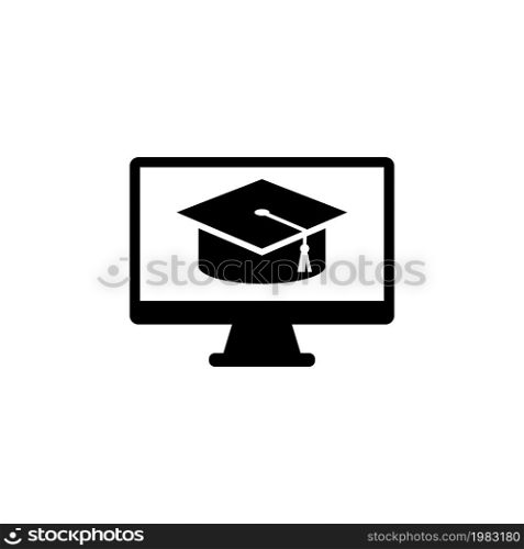 Computer Monitor and Graduation Cap, Online Learning. Flat Vector Icon illustration. Simple black symbol on white background. Online E-learning on PC sign design template for web and mobile UI element