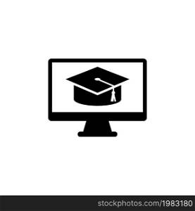 Computer Monitor and Graduation Cap, Online Learning. Flat Vector Icon illustration. Simple black symbol on white background. Online E-learning on PC sign design template for web and mobile UI element