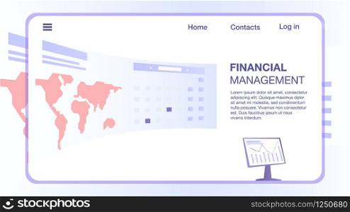 Computer Monitor and Huge Semicircular Screen with World Map and Information Inside Rectangle Frame. Financial Management Horizontal Banner, Mobile App Interface, Copy Space. Flat Vector Illustration.. Computer Monitor and Huge Screen with World Map