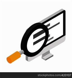 Computer monitor and magnifying glass isometric 3d icon on a white background. Computer monitor and magnifying glass