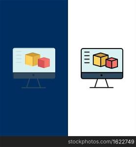 Computer, Monitor, Box, Computing  Icons. Flat and Line Filled Icon Set Vector Blue Background