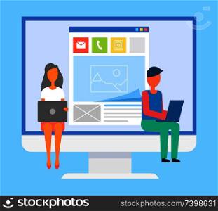 Computer monitor displaying post with message, mobile phone, photo icons, people typing on laptops, man woman working on devices vector illustration. Computer Monitor and Post Vector Illustration