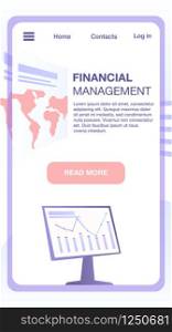 Computer Monitor Foreground and Screen with World Map Above Inside of Rectangle Frame. Financial Management Vertical Banner, Mobile App Interface Visualisation, Copy Space. Flat Vector Illustration.. Computer Monitor and World Map Above Banner