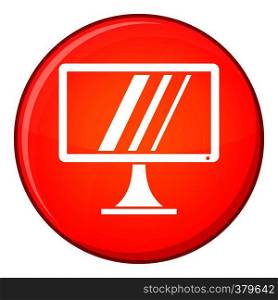 Computer monitor icon in red circle isolated on white background vector illustration. Computer monitor icon, flat style