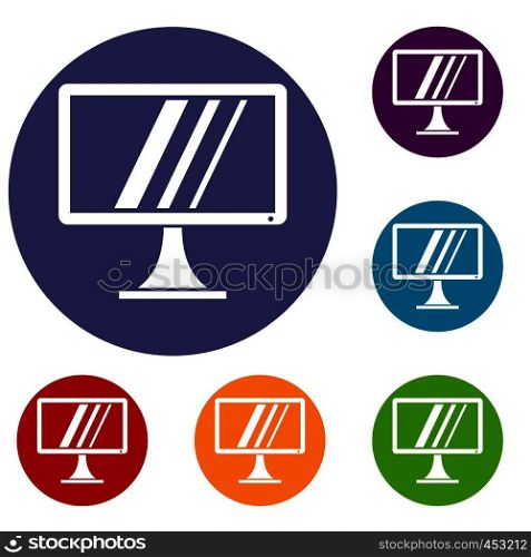Computer monitor icons set in flat circle reb, blue and green color for web. Computer monitor icons set